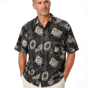 Vintage Summa 100% Silk Hawaiian Shirt Men’s Small Black Abstract Leaf Print